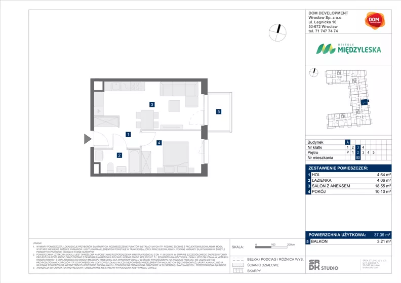 2 pokoje, mieszkanie 37,35 m², piętro 2, oferta nr A/80, Międzyleska 4, Wrocław, Tarnogaj, Krzyki, ul. Międzyleska
