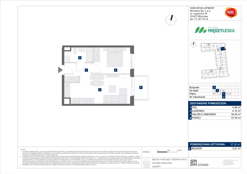 2 pokoje, mieszkanie 37,22 m², piętro 3, oferta nr A/41, Międzyleska 4, Wrocław, Tarnogaj, Krzyki, ul. Międzyleska