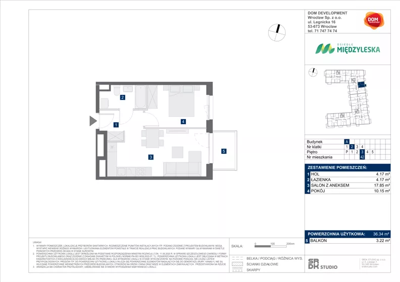 2 pokoje, mieszkanie 36,34 m², piętro 3, oferta nr A/42, Międzyleska 4, Wrocław, Tarnogaj, Krzyki, ul. Międzyleska
