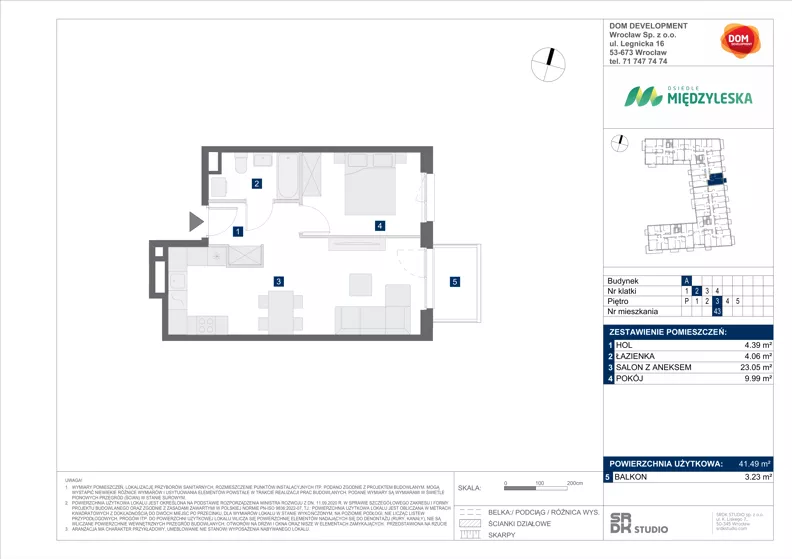 2 pokoje, mieszkanie 41,49 m², piętro 3, oferta nr A/43, Międzyleska 4, Wrocław, Tarnogaj, Krzyki, ul. Międzyleska