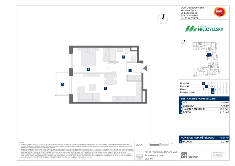 2 pokoje, mieszkanie 40,61 m², piętro 3, oferta nr A/44, Międzyleska 4, Wrocław, Tarnogaj, Krzyki, ul. Międzyleska