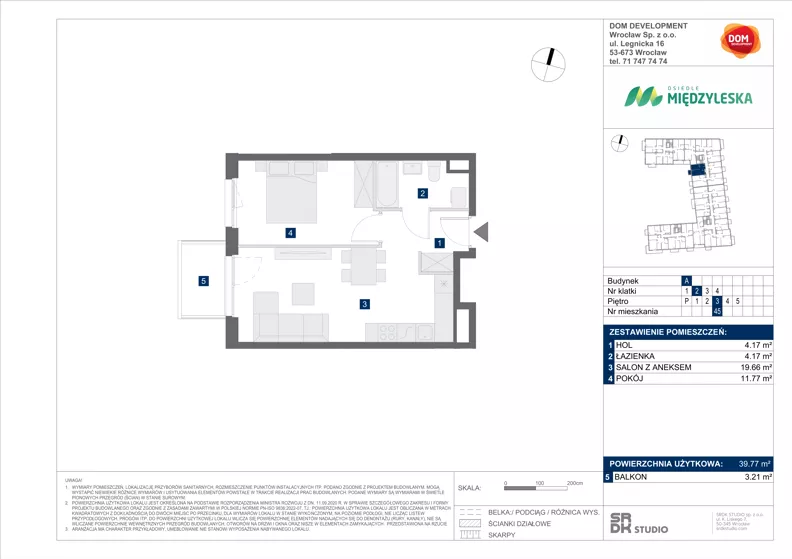 2 pokoje, mieszkanie 39,77 m², piętro 3, oferta nr A/45, Międzyleska 4, Wrocław, Tarnogaj, Krzyki, ul. Międzyleska