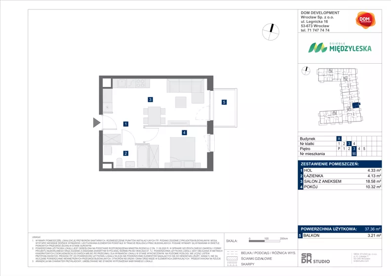 2 pokoje, mieszkanie 37,36 m², piętro 3, oferta nr A/90, Międzyleska 4, Wrocław, Tarnogaj, Krzyki, ul. Międzyleska