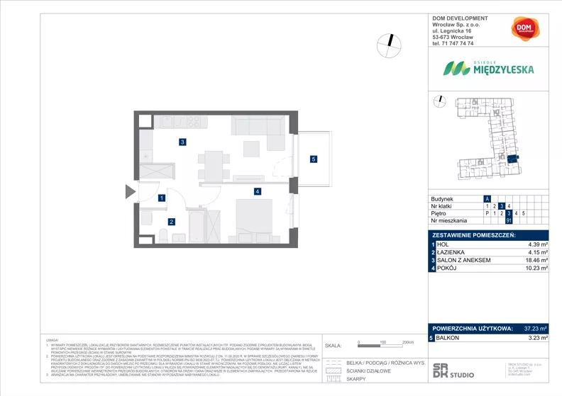 2 pokoje, mieszkanie 37,23 m², piętro 3, oferta nr A/91, Międzyleska 4, Wrocław, Tarnogaj, Krzyki, ul. Międzyleska