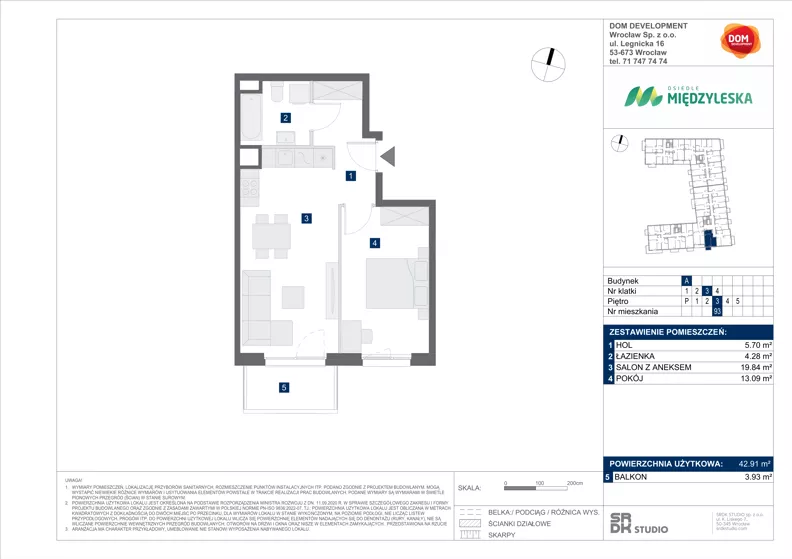 2 pokoje, mieszkanie 42,91 m², piętro 3, oferta nr A/93, Międzyleska 4, Wrocław, Tarnogaj, Krzyki, ul. Międzyleska