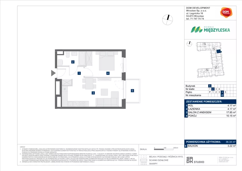 2 pokoje, mieszkanie 36,34 m², piętro 4, oferta nr A/49, Międzyleska 4, Wrocław, Tarnogaj, Krzyki, ul. Międzyleska