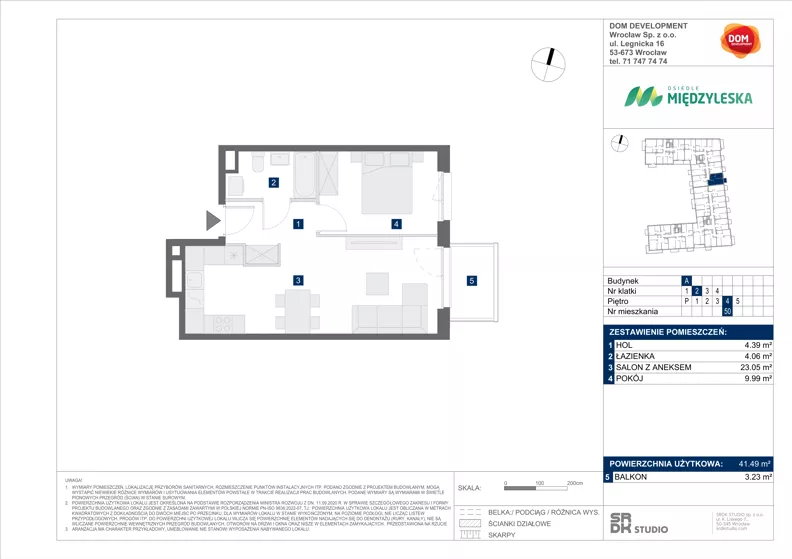2 pokoje, mieszkanie 41,49 m², piętro 4, oferta nr A/50, Międzyleska 4, Wrocław, Tarnogaj, Krzyki, ul. Międzyleska