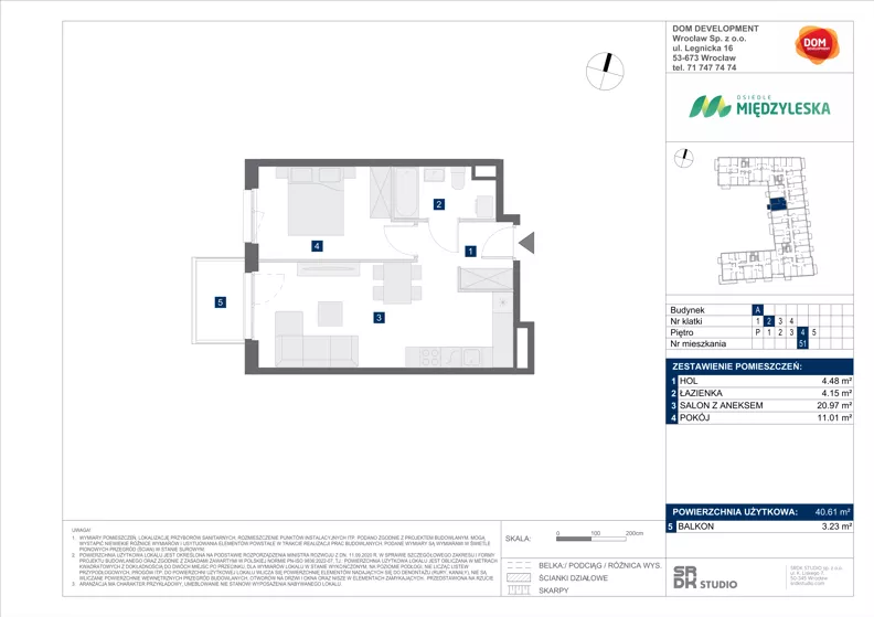 2 pokoje, mieszkanie 40,61 m², piętro 4, oferta nr A/51, Międzyleska 4, Wrocław, Tarnogaj, Krzyki, ul. Międzyleska