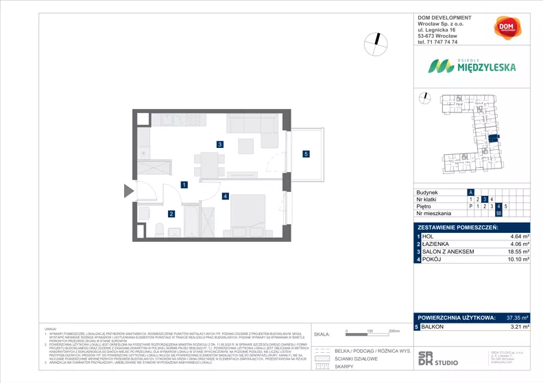 2 pokoje, mieszkanie 37,35 m², piętro 4, oferta nr A/98, Międzyleska 4, Wrocław, Tarnogaj, Krzyki, ul. Międzyleska