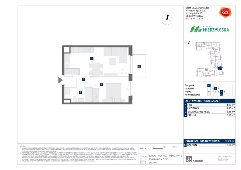 2 pokoje, mieszkanie 37,23 m², piętro 4, oferta nr A/100, Międzyleska 4, Wrocław, Tarnogaj, Krzyki, ul. Międzyleska