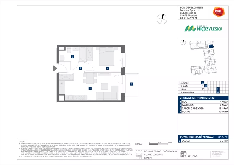 2 pokoje, mieszkanie 37,22 m², piętro 5, oferta nr A/55, Międzyleska 4, Wrocław, Tarnogaj, Krzyki, ul. Międzyleska