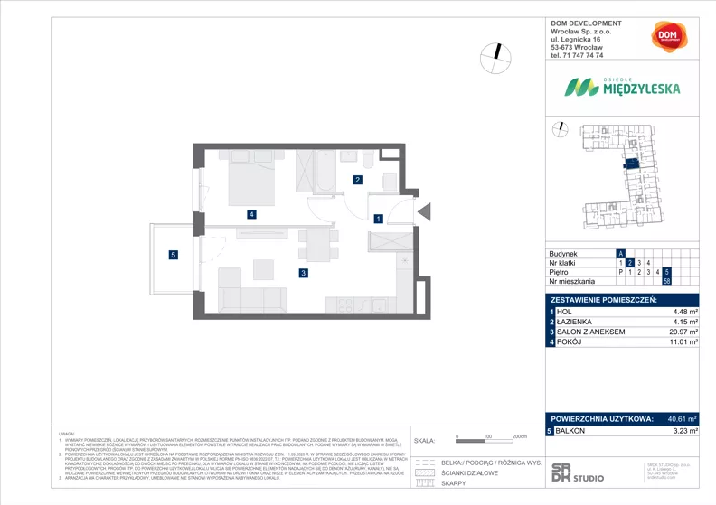 2 pokoje, mieszkanie 40,61 m², piętro 5, oferta nr A/58, Międzyleska 4, Wrocław, Tarnogaj, Krzyki, ul. Międzyleska
