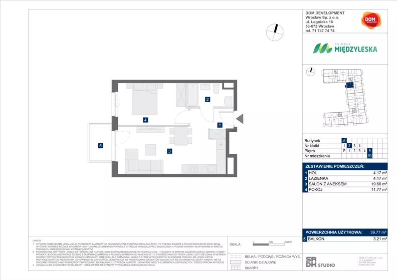 2 pokoje, mieszkanie 39,77 m², piętro 5, oferta nr A/59, Międzyleska 4, Wrocław, Tarnogaj, Krzyki, ul. Międzyleska