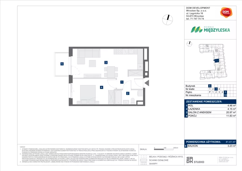 2 pokoje, mieszkanie 41,41 m², piętro 5, oferta nr A/105, Międzyleska 4, Wrocław, Tarnogaj, Krzyki, ul. Międzyleska