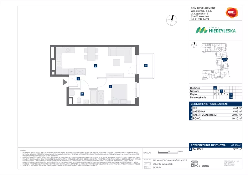2 pokoje, mieszkanie 41,49 m², piętro 5, oferta nr A/106, Międzyleska 4, Wrocław, Tarnogaj, Krzyki, ul. Międzyleska