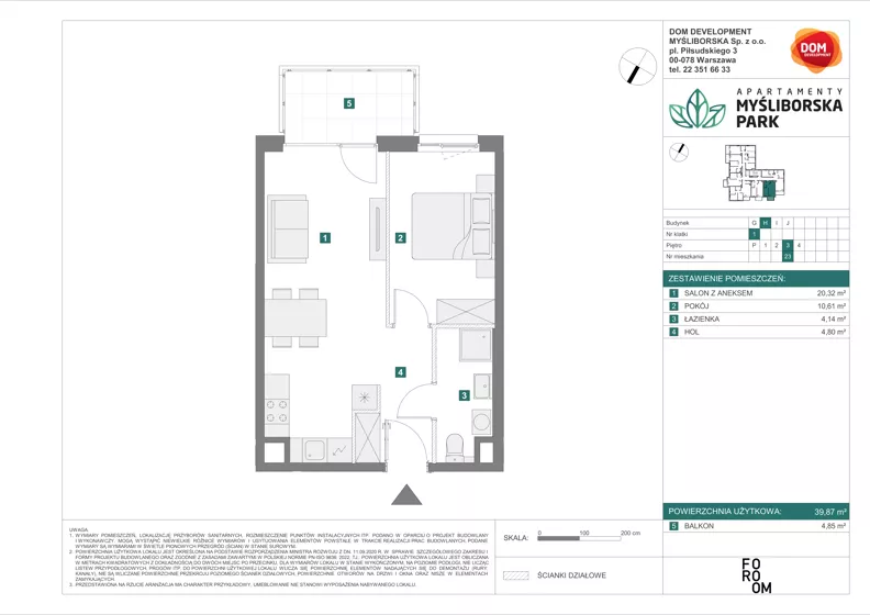 2 pokoje, mieszkanie 39,87 m², piętro 3, oferta nr H/23, Apartamenty Myśliborska Park, Warszawa, Białołęka, Żerań, ul. Myśliborska 11