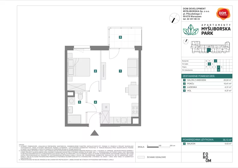 2 pokoje, mieszkanie 39,13 m², piętro 4, oferta nr J/45, Apartamenty Myśliborska Park, Warszawa, Białołęka, Żerań, ul. Myśliborska 11