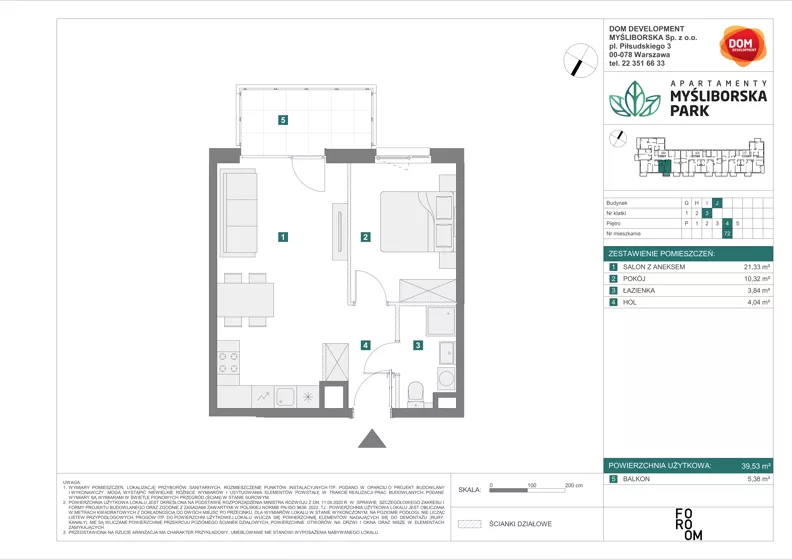 2 pokoje, mieszkanie 39,53 m², piętro 4, oferta nr J/72, Apartamenty Myśliborska Park, Warszawa, Białołęka, Żerań, ul. Myśliborska 11
