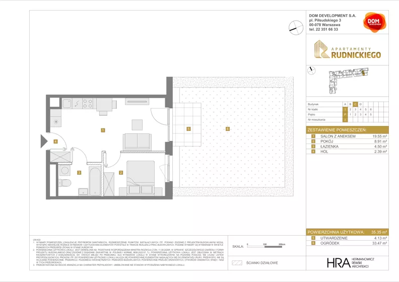 2 pokoje, mieszkanie 35,35 m², parter, oferta nr C/2, Apartamenty Rudnickiego, Warszawa, Bielany, Piaski, ul. Rudnickiego 7