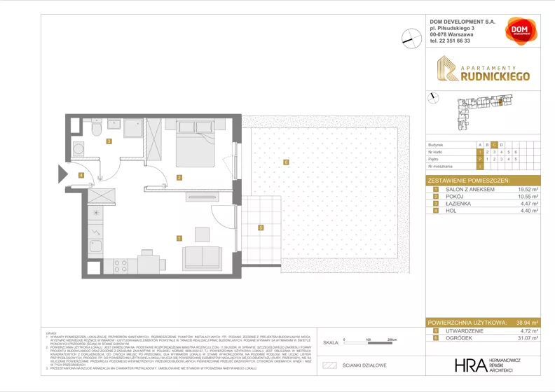 2 pokoje, mieszkanie 38,94 m², parter, oferta nr C/3, Apartamenty Rudnickiego, Warszawa, Bielany, Piaski, ul. Rudnickiego 7