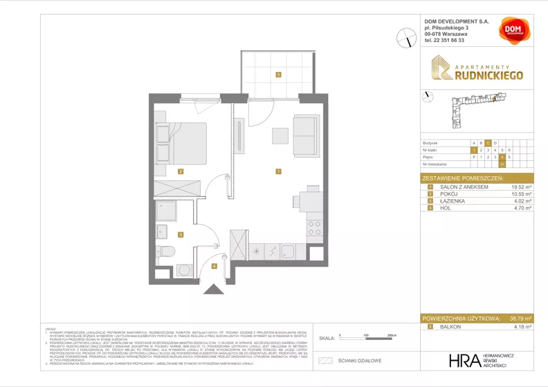 2 pokoje, mieszkanie 38,79 m², piętro 4, oferta nr C/27, Apartamenty Rudnickiego, Warszawa, Bielany, Piaski, ul. Rudnickiego 7