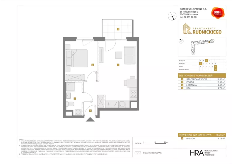 2 pokoje, mieszkanie 38,79 m², piętro 5, oferta nr C/33, Apartamenty Rudnickiego, Warszawa, Bielany, Piaski, ul. Rudnickiego 7