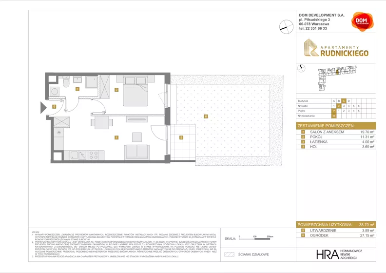 2 pokoje, mieszkanie 38,70 m², parter, oferta nr C/38, Apartamenty Rudnickiego, Warszawa, Bielany, Piaski, ul. Rudnickiego 7