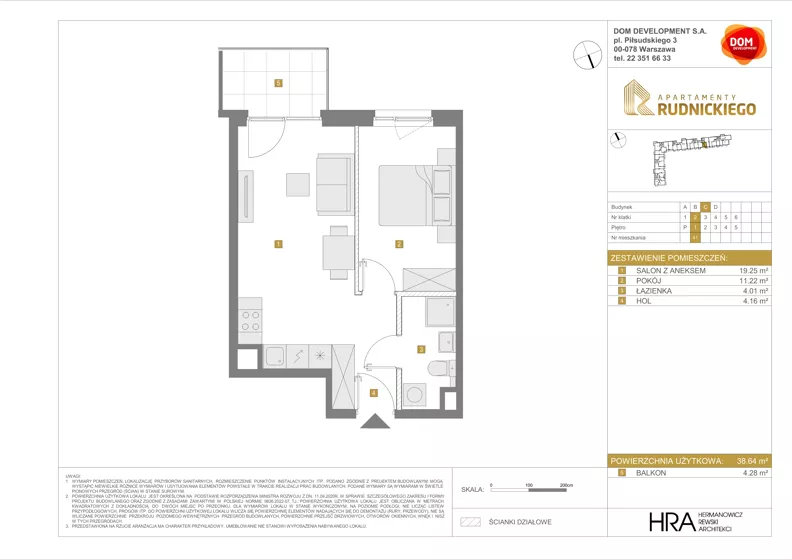 2 pokoje, mieszkanie 38,64 m², piętro 1, oferta nr C/41, Apartamenty Rudnickiego, Warszawa, Bielany, Piaski, ul. Rudnickiego 7