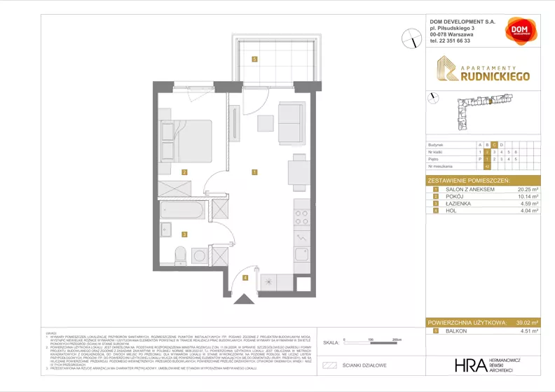 2 pokoje, mieszkanie 39,02 m², piętro 1, oferta nr C/42, Apartamenty Rudnickiego, Warszawa, Bielany, Piaski, ul. Rudnickiego 7
