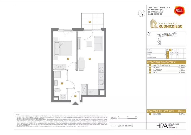2 pokoje, mieszkanie 38,86 m², piętro 1, oferta nr C/43, Apartamenty Rudnickiego, Warszawa, Bielany, Piaski, ul. Rudnickiego 7