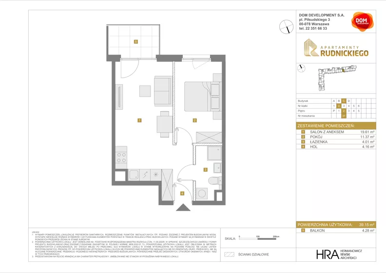2 pokoje, mieszkanie 39,15 m², piętro 2, oferta nr C/47, Apartamenty Rudnickiego, Warszawa, Bielany, Piaski, ul. Rudnickiego 7