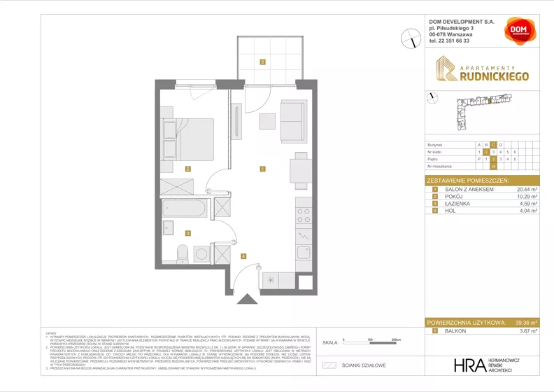 2 pokoje, mieszkanie 39,36 m², piętro 2, oferta nr C/48, Apartamenty Rudnickiego, Warszawa, Bielany, Piaski, ul. Rudnickiego 7