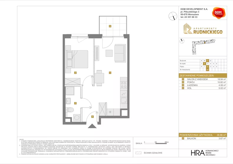 2 pokoje, mieszkanie 38,86 m², piętro 2, oferta nr C/49, Apartamenty Rudnickiego, Warszawa, Bielany, Piaski, ul. Rudnickiego 7