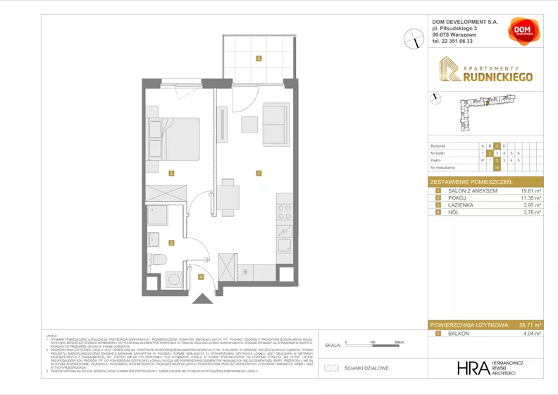 2 pokoje, mieszkanie 38,71 m², piętro 2, oferta nr C/50, Apartamenty Rudnickiego, Warszawa, Bielany, Piaski, ul. Rudnickiego 7