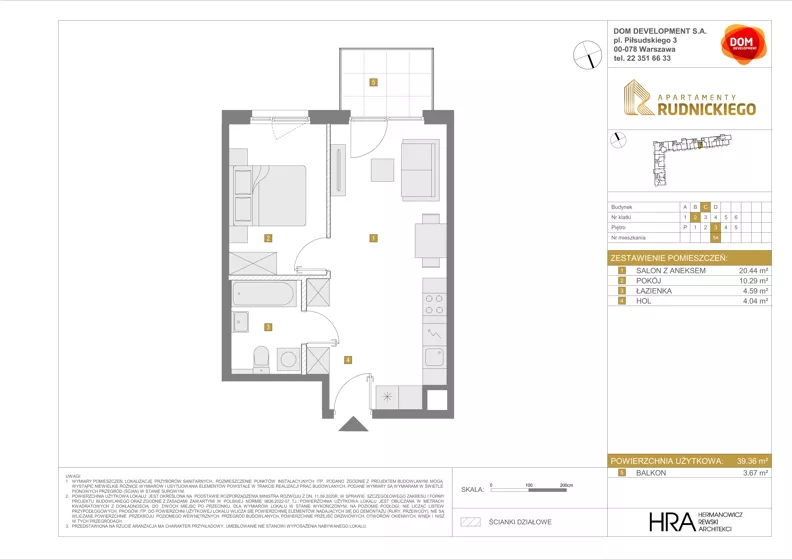 2 pokoje, mieszkanie 39,36 m², piętro 3, oferta nr C/54, Apartamenty Rudnickiego, Warszawa, Bielany, Piaski, ul. Rudnickiego 7