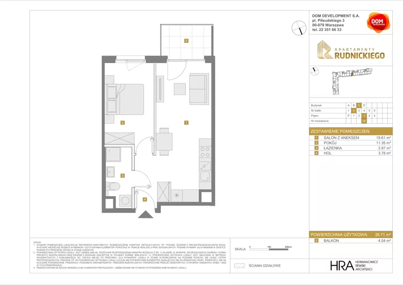 2 pokoje, mieszkanie 38,71 m², piętro 3, oferta nr C/56, Apartamenty Rudnickiego, Warszawa, Bielany, Piaski, ul. Rudnickiego 7