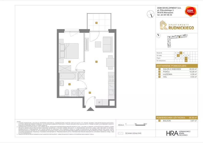 2 pokoje, mieszkanie 39,36 m², piętro 4, oferta nr C/60, Apartamenty Rudnickiego, Warszawa, Bielany, Piaski, ul. Rudnickiego 7