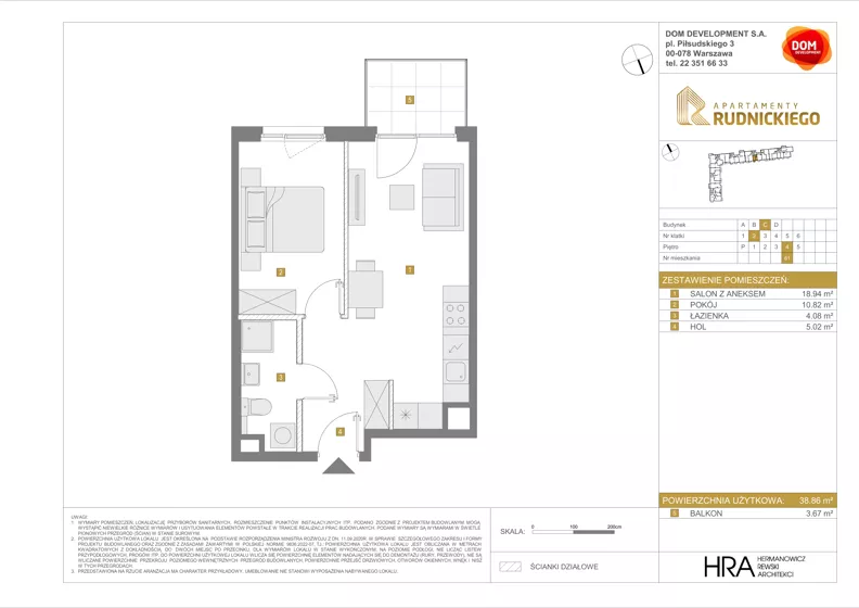 2 pokoje, mieszkanie 38,86 m², piętro 4, oferta nr C/61, Apartamenty Rudnickiego, Warszawa, Bielany, Piaski, ul. Rudnickiego 7
