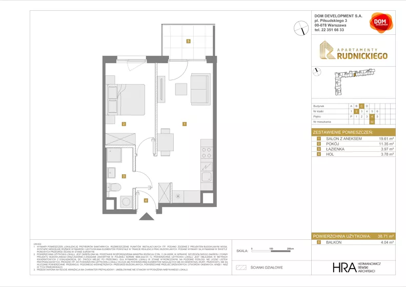 2 pokoje, mieszkanie 38,71 m², piętro 4, oferta nr C/62, Apartamenty Rudnickiego, Warszawa, Bielany, Piaski, ul. Rudnickiego 7