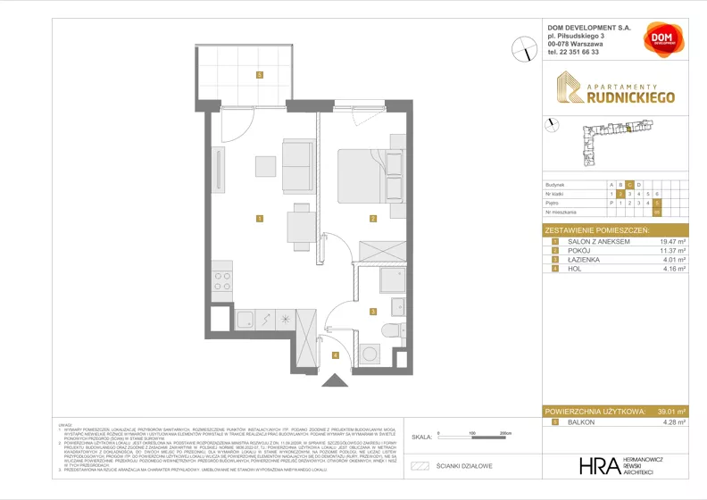 2 pokoje, mieszkanie 39,01 m², piętro 5, oferta nr C/65, Apartamenty Rudnickiego, Warszawa, Bielany, Piaski, ul. Rudnickiego 7