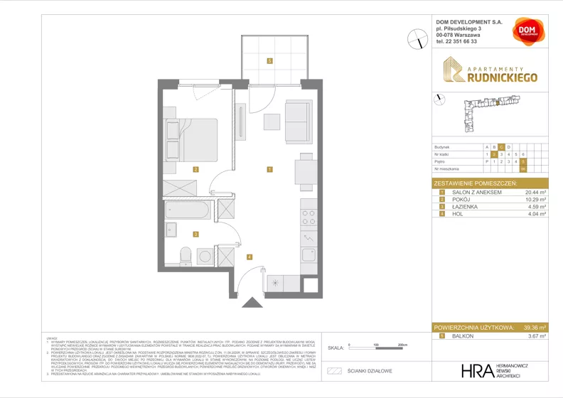 2 pokoje, mieszkanie 39,36 m², piętro 5, oferta nr C/66, Apartamenty Rudnickiego, Warszawa, Bielany, Piaski, ul. Rudnickiego 7
