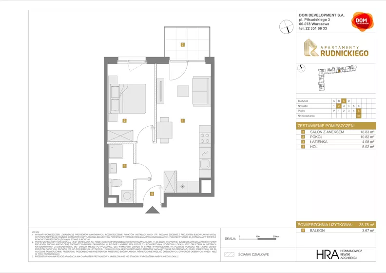 2 pokoje, mieszkanie 38,75 m², piętro 5, oferta nr C/67, Apartamenty Rudnickiego, Warszawa, Bielany, Piaski, ul. Rudnickiego 7