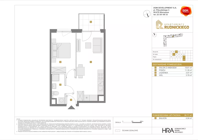 2 pokoje, mieszkanie 38,71 m², piętro 5, oferta nr C/68, Apartamenty Rudnickiego, Warszawa, Bielany, Piaski, ul. Rudnickiego 7