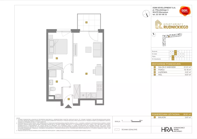 2 pokoje, mieszkanie 39,81 m², piętro 1, oferta nr C/74, Apartamenty Rudnickiego, Warszawa, Bielany, Piaski, ul. Rudnickiego 7
