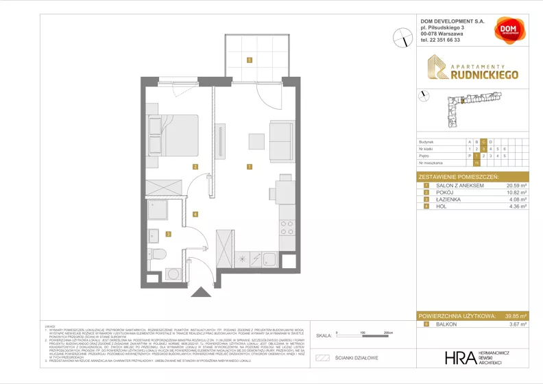 2 pokoje, mieszkanie 39,85 m², piętro 1, oferta nr C/75, Apartamenty Rudnickiego, Warszawa, Bielany, Piaski, ul. Rudnickiego 7