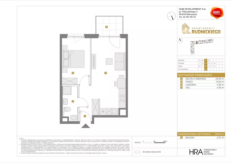 2 pokoje, mieszkanie 39,85 m², piętro 2, oferta nr C/79, Apartamenty Rudnickiego, Warszawa, Bielany, Piaski, ul. Rudnickiego 7