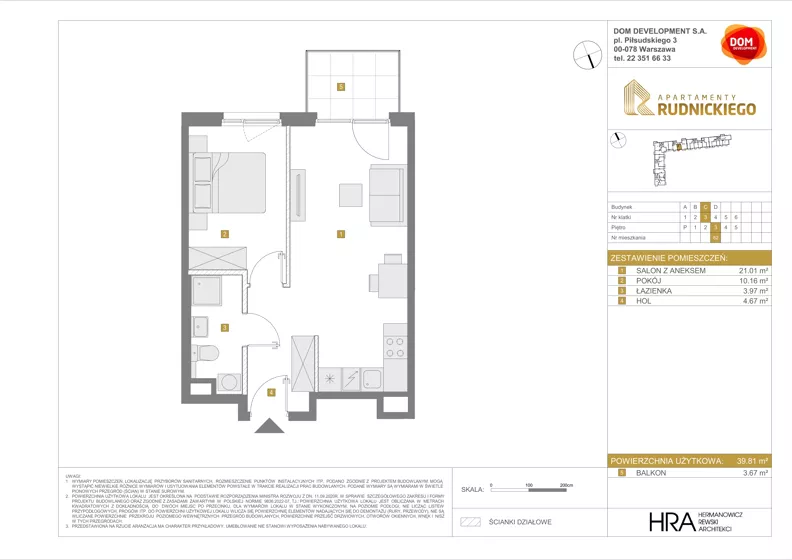 2 pokoje, mieszkanie 39,81 m², piętro 3, oferta nr C/82, Apartamenty Rudnickiego, Warszawa, Bielany, Piaski, ul. Rudnickiego 7