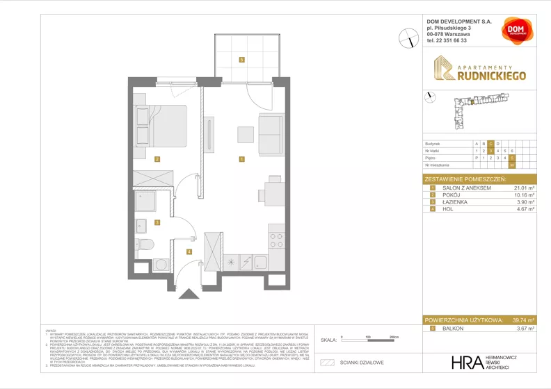 2 pokoje, mieszkanie 39,74 m², piętro 5, oferta nr C/90, Apartamenty Rudnickiego, Warszawa, Bielany, Piaski, ul. Rudnickiego 7