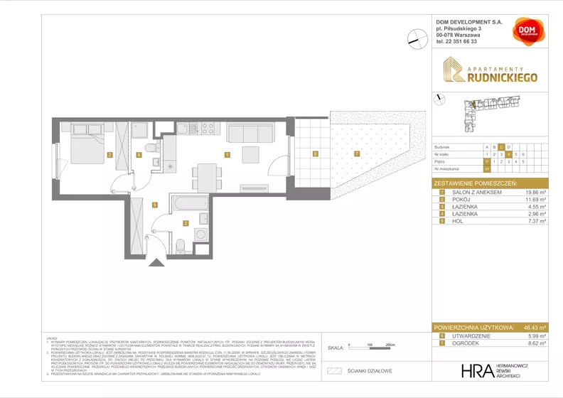 2 pokoje, mieszkanie 46,43 m², parter, oferta nr C/93, Apartamenty Rudnickiego, Warszawa, Bielany, Piaski, ul. Rudnickiego 7