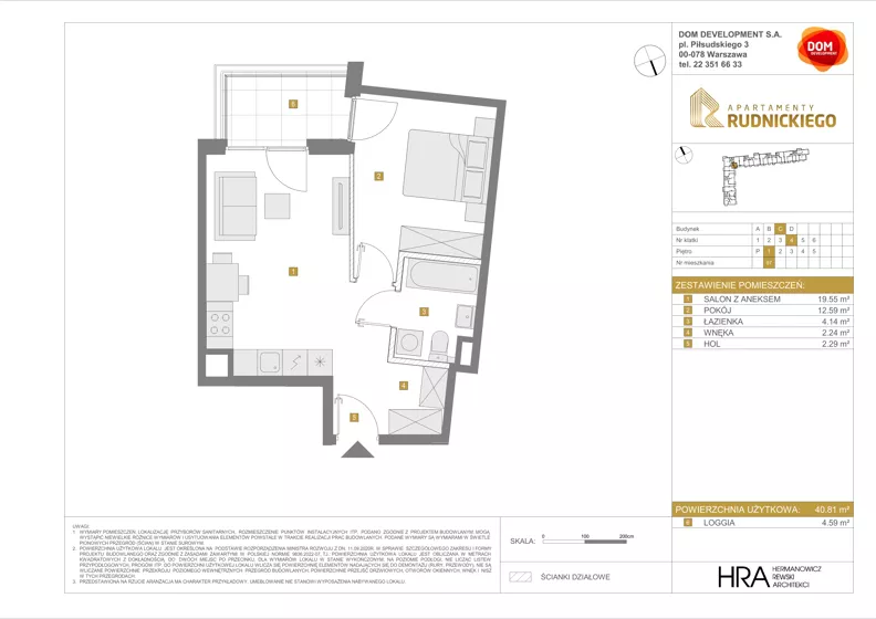 2 pokoje, mieszkanie 40,81 m², piętro 1, oferta nr C/97, Apartamenty Rudnickiego, Warszawa, Bielany, Piaski, ul. Rudnickiego 7